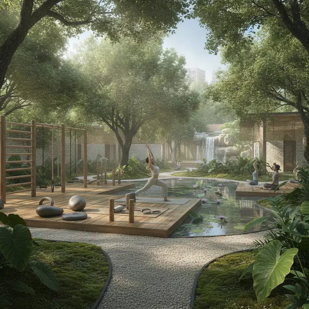 A serene outdoor fitness space with greenery in Dhaka