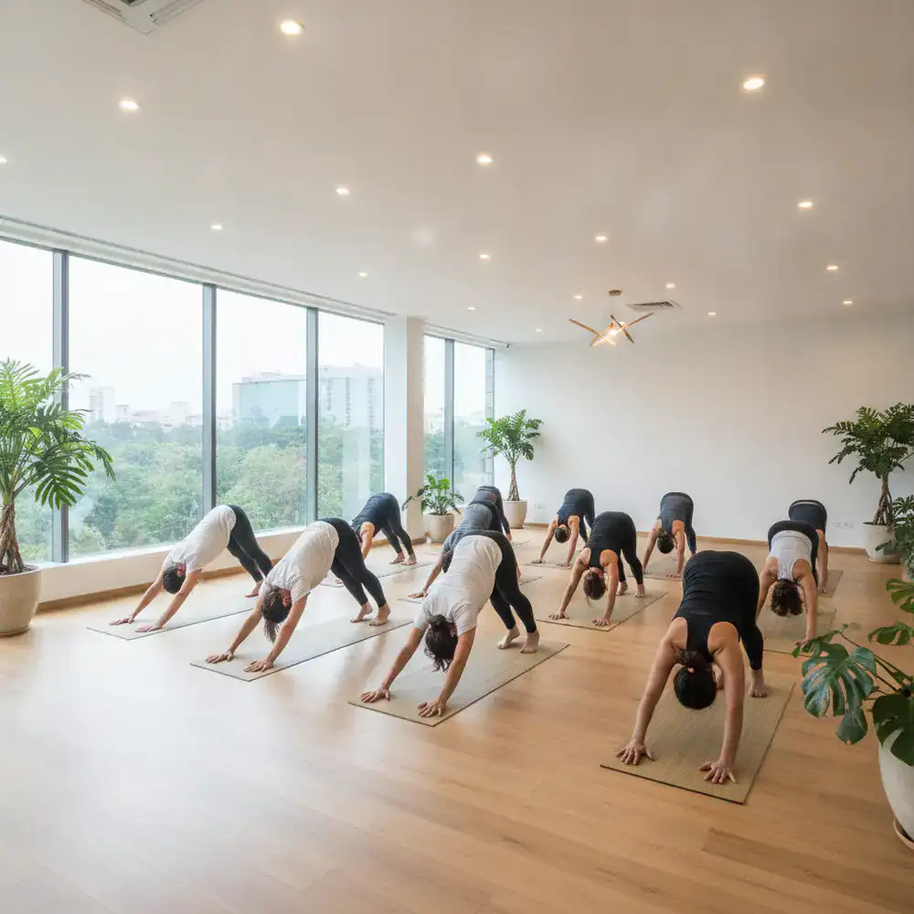 A serene group yoga session in a bright, modern studio in Dhaka