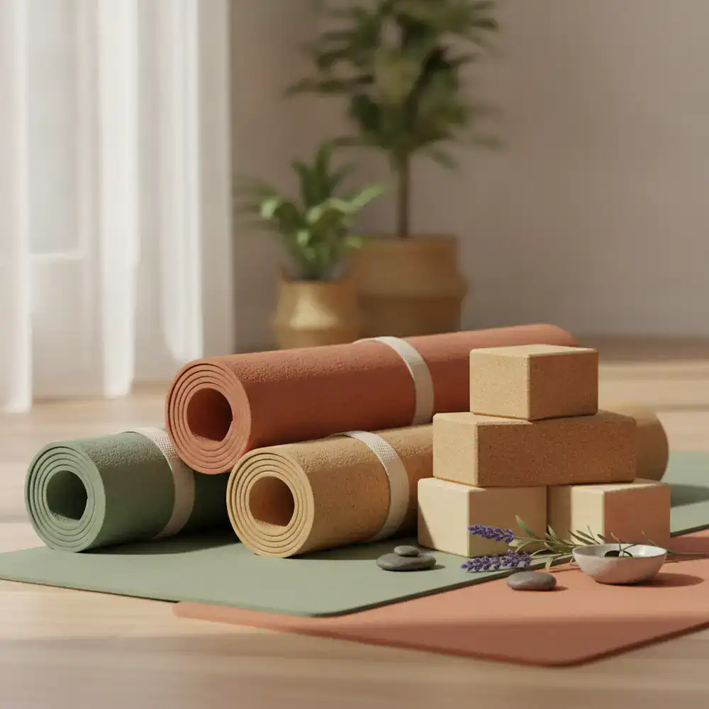 Close up of high quality, sustainable yoga mats and fitness blocks
