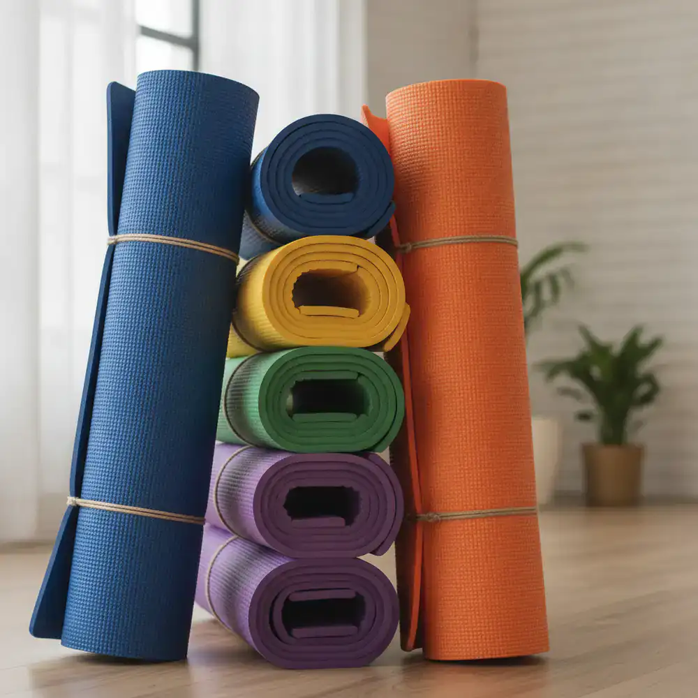 Stack of colorful premium yoga mats