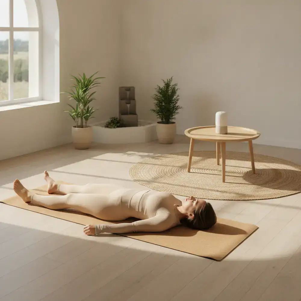 Person relaxing on a yoga mat in a serene, bright room