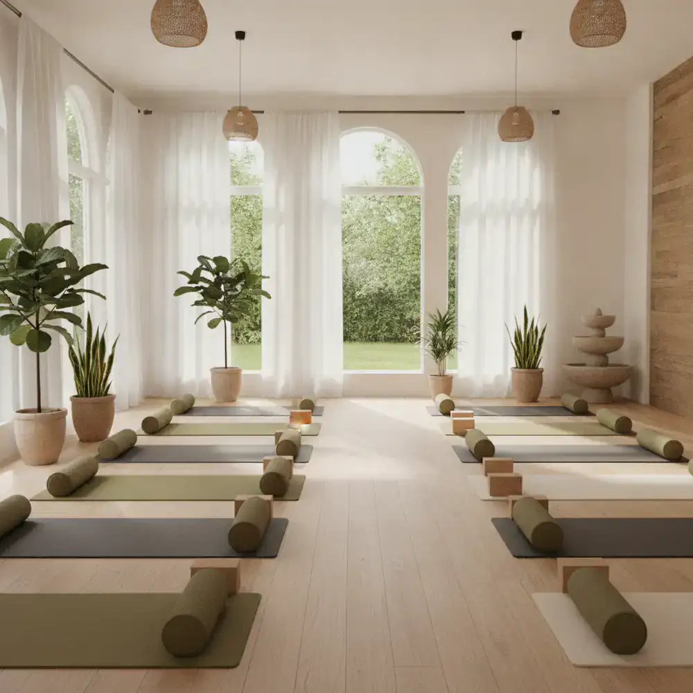 Serene wellness studio with premium yoga mats and natural light