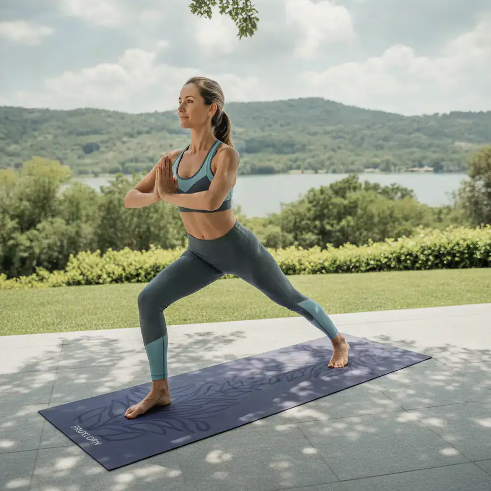 Woman practicing yoga on a premium Fruxlorn Active mat