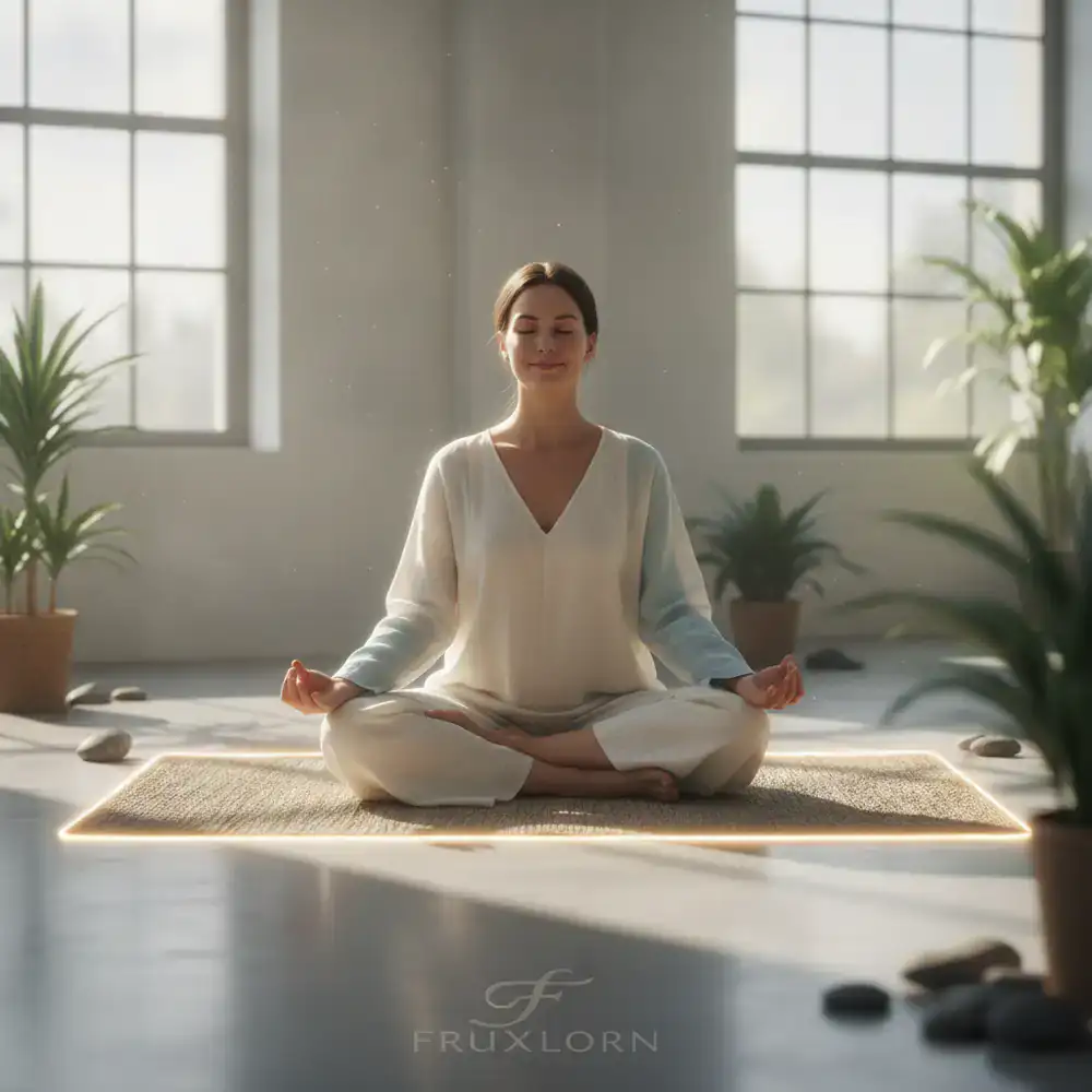 Person meditating peacefully on a Fruxlorn mat