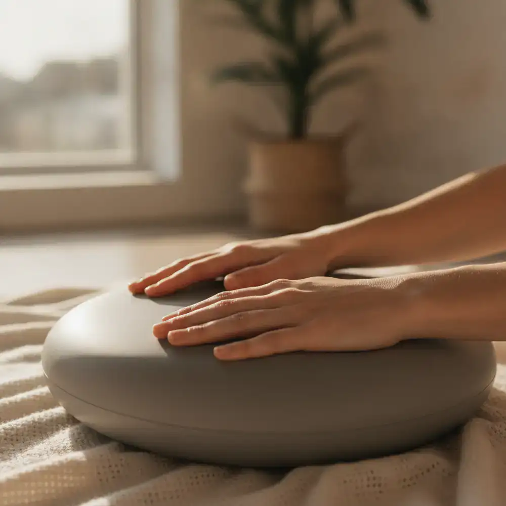 Close up of hands resting on a fitness accessory during meditation